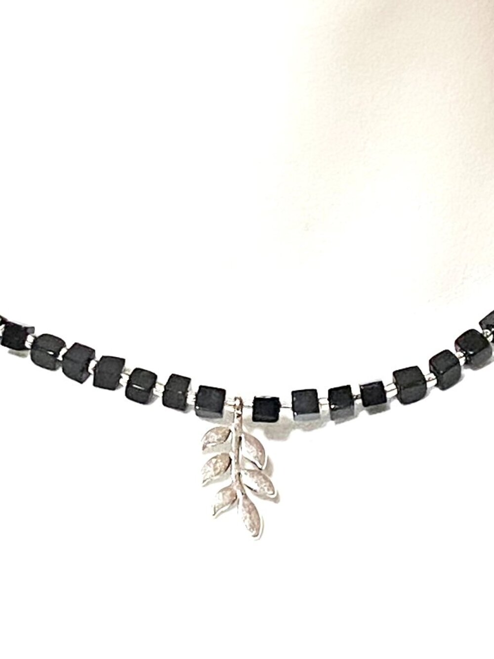 Genuine Black Agate Short Necklace,Natural Gemstone & Silver Leaf Branch Pendant